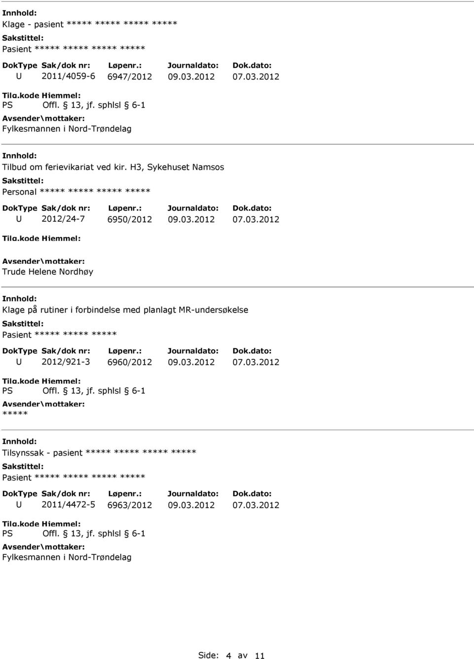 H3, Sykehuset Namsos ***** 2012/24-7 6950/2012 Trude Helene Nordhøy Klage på rutiner i forbindelse med