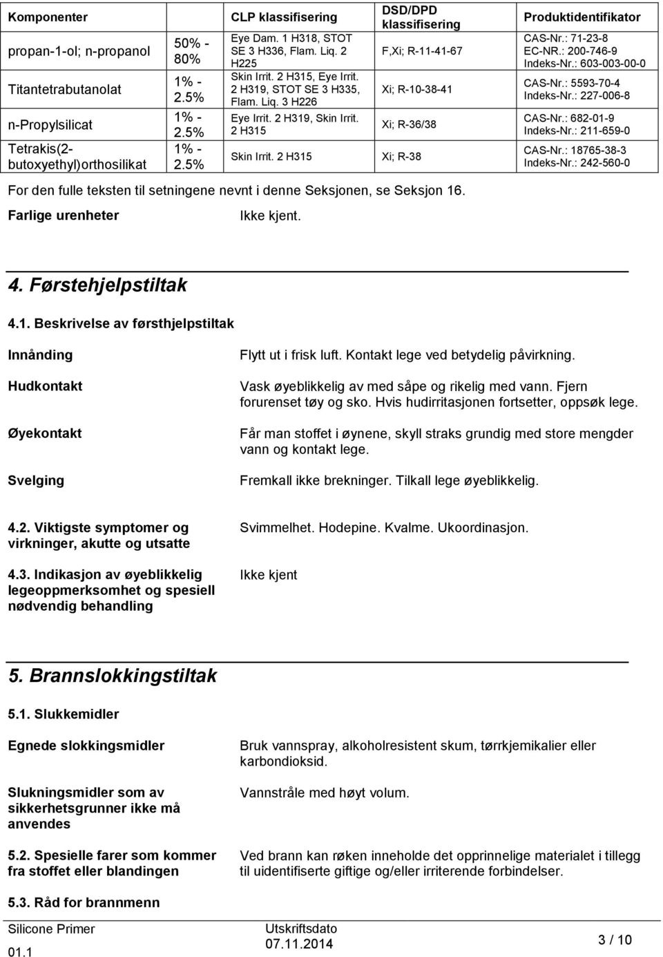 2 H315 DSD/DPD klassifisering F,Xi; R-11-41-67 Xi; R-10-38-41 Xi; R-36/38 Skin Irrit. 2 H315 Xi; R-38 For den fulle teksten til setningene nevnt i denne Seksjonen, se Seksjon 16.