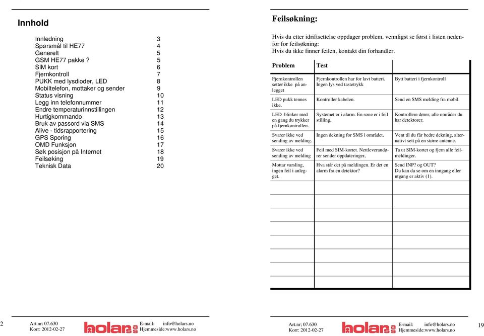 passord via SMS 14 Alive - tidsrapportering 15 GPS Sporing 16 OMD Funksjon 17 Søk posisjon på Internet 18 Feilsøking 19 Teknisk Data 20 Feilsøkning: Hvis du etter idriftsettelse oppdager problem,