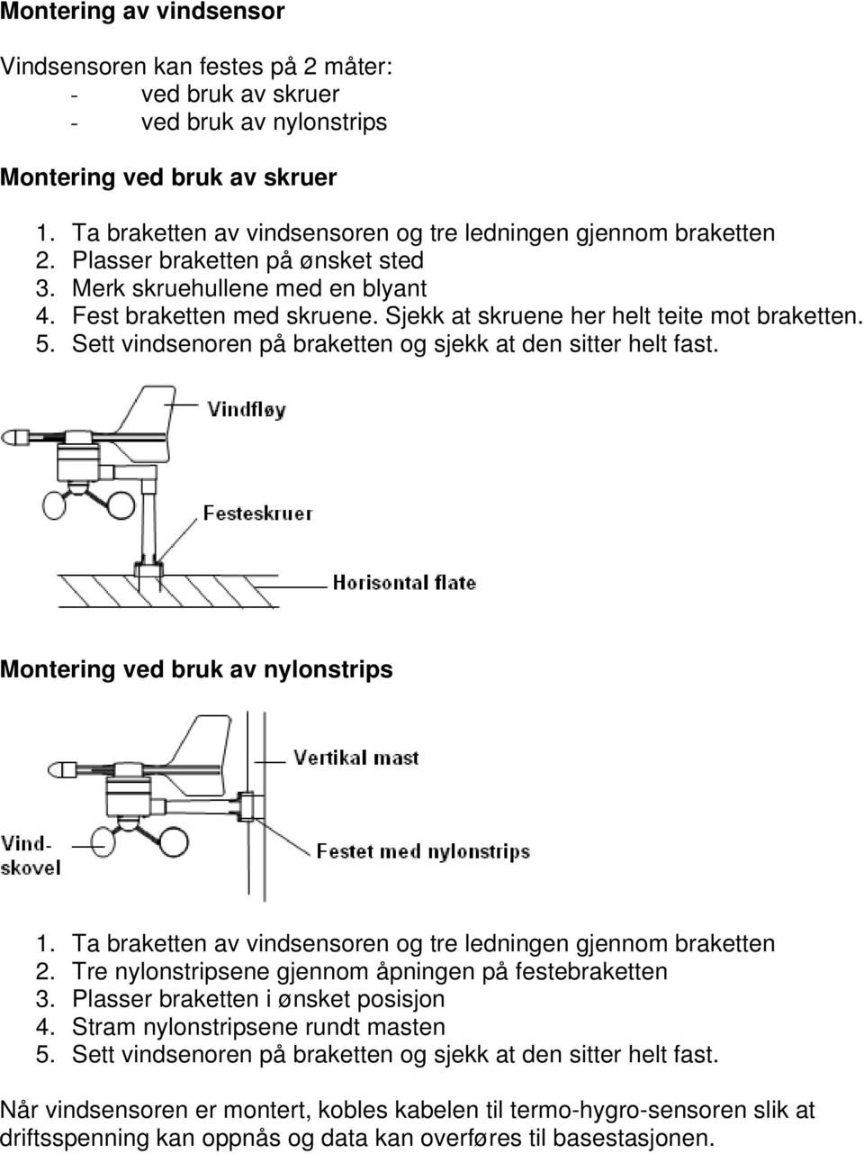 Sjekk at skruene her helt teite mot braketten. 5. Sett vindsenoren på braketten og sjekk at den sitter helt fast. Montering ved bruk av nylonstrips 1.