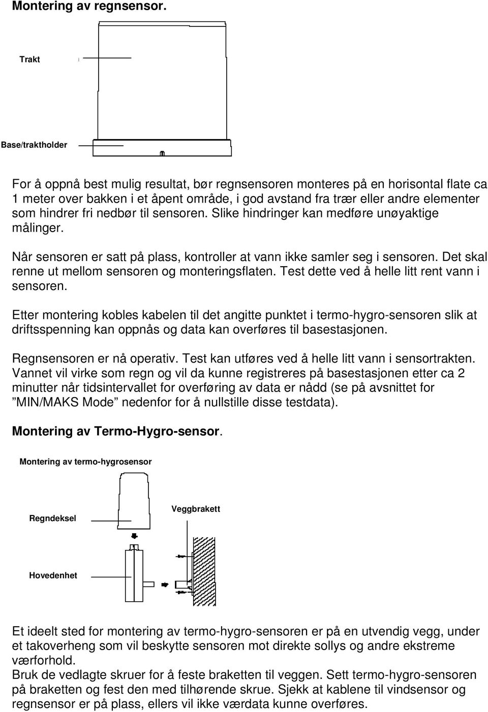 hindrer fri nedbør til sensoren. Slike hindringer kan medføre unøyaktige målinger. Når sensoren er satt på plass, kontroller at vann ikke samler seg i sensoren.