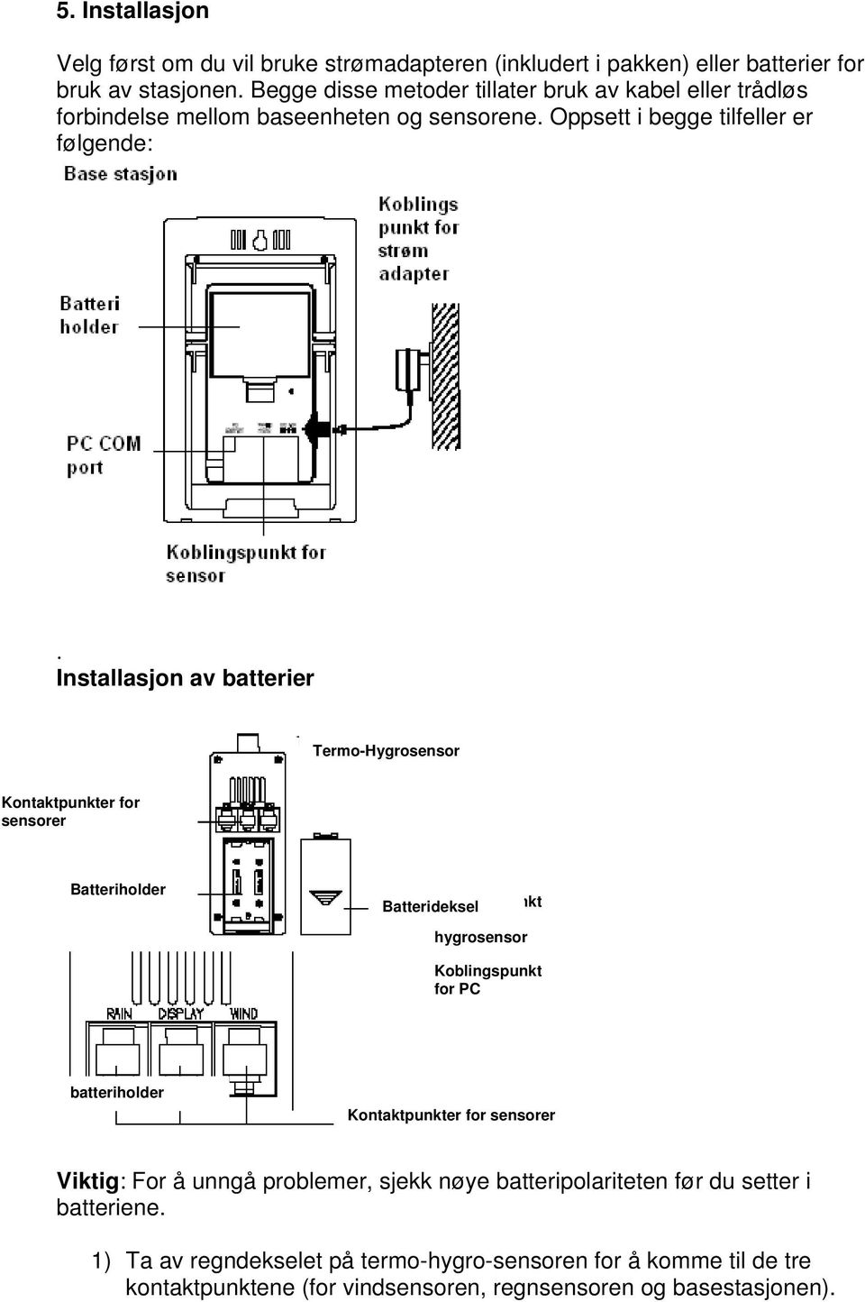 Installasjon av batterier Termo-Hygrosensor Kontaktpunkter for sensorer Batteriholder Batterideksel Koblingspunkt for termohygrosensor Koblingspunkt for PC batteriholder