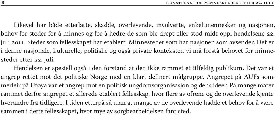 juli 2011. Steder som fellesskapet har etablert. Minnesteder som har nasjonen som avsender.