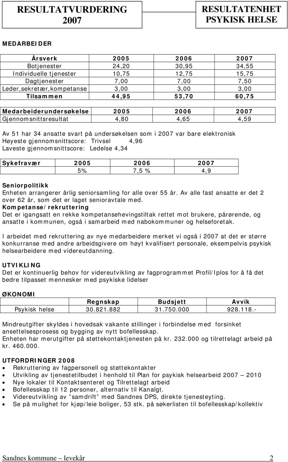 Laveste gjennomsnittscore: Ledelse 4,34 Sykefravær 2005 2006 5% 7,5 % 4,9 Seniorpolitikk Enheten arrangerer årlig seniorsamling for alle over 55 år.