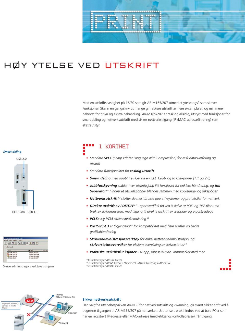 AR-M165/207 er rask og allsidig, utstyrt med funksjoner for smart deling og nettverksutskrift med sikker nettverkstilgang (IP-/MAC-adressefiltrering) som ekstrautstyr.