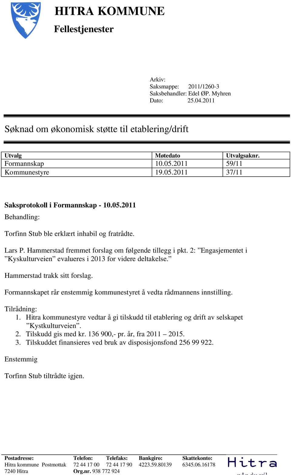 Hammerstad fremmet forslag om følgende tillegg i pkt. 2: Engasjementet i Kyskulturveien evalueres i 2013 for videre deltakelse. Hammerstad trakk sitt forslag.