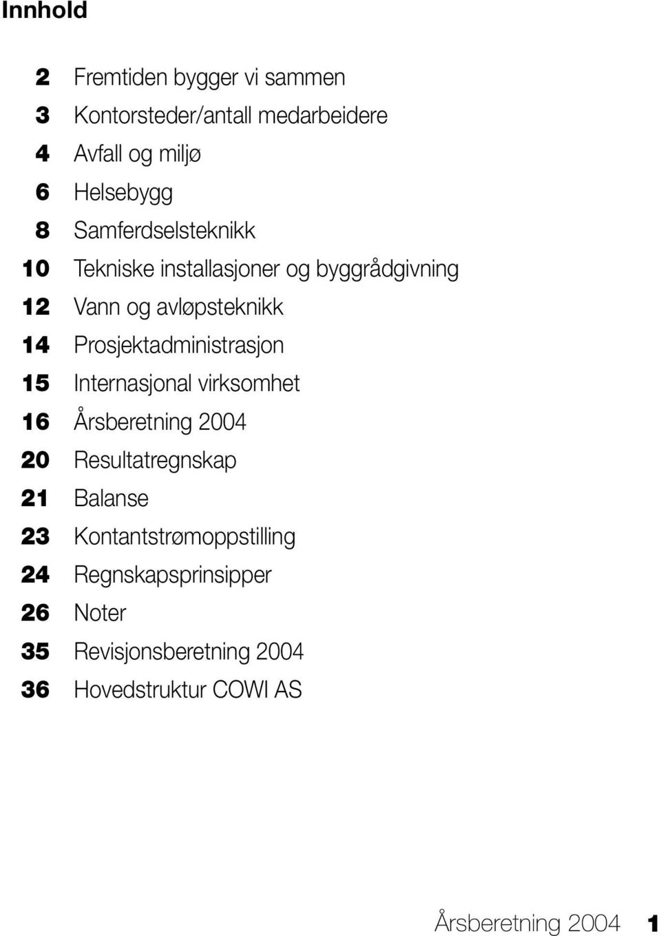 Prosjektadministrasjon 15 Internasjonal virksomhet 16 Årsberetning 2004 20 Resultatregnskap 21 Balanse 23