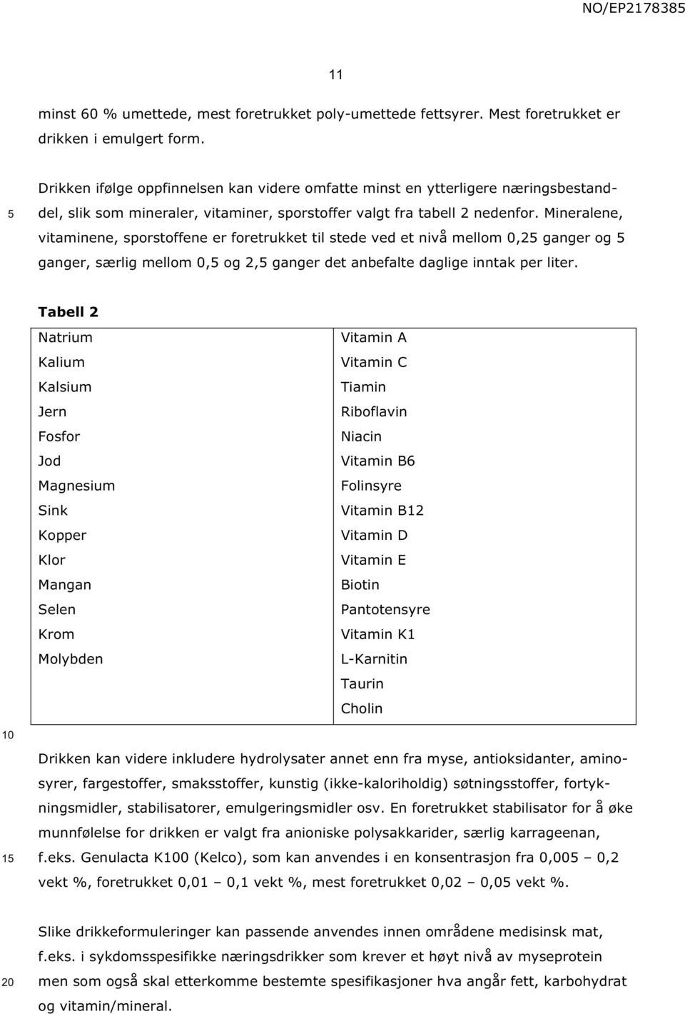 Mineralene, vitaminene, sporstoffene er foretrukket til stede ved et nivå mellom 0,2 ganger og ganger, særlig mellom 0, og 2, ganger det anbefalte daglige inntak per liter.