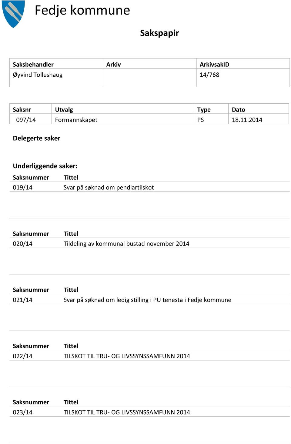 2014 Delegerte saker Underliggende saker: Saksnummer Tittel 019/14 Svar på søknad om pendlartilskot Saksnummer Tittel 020/14