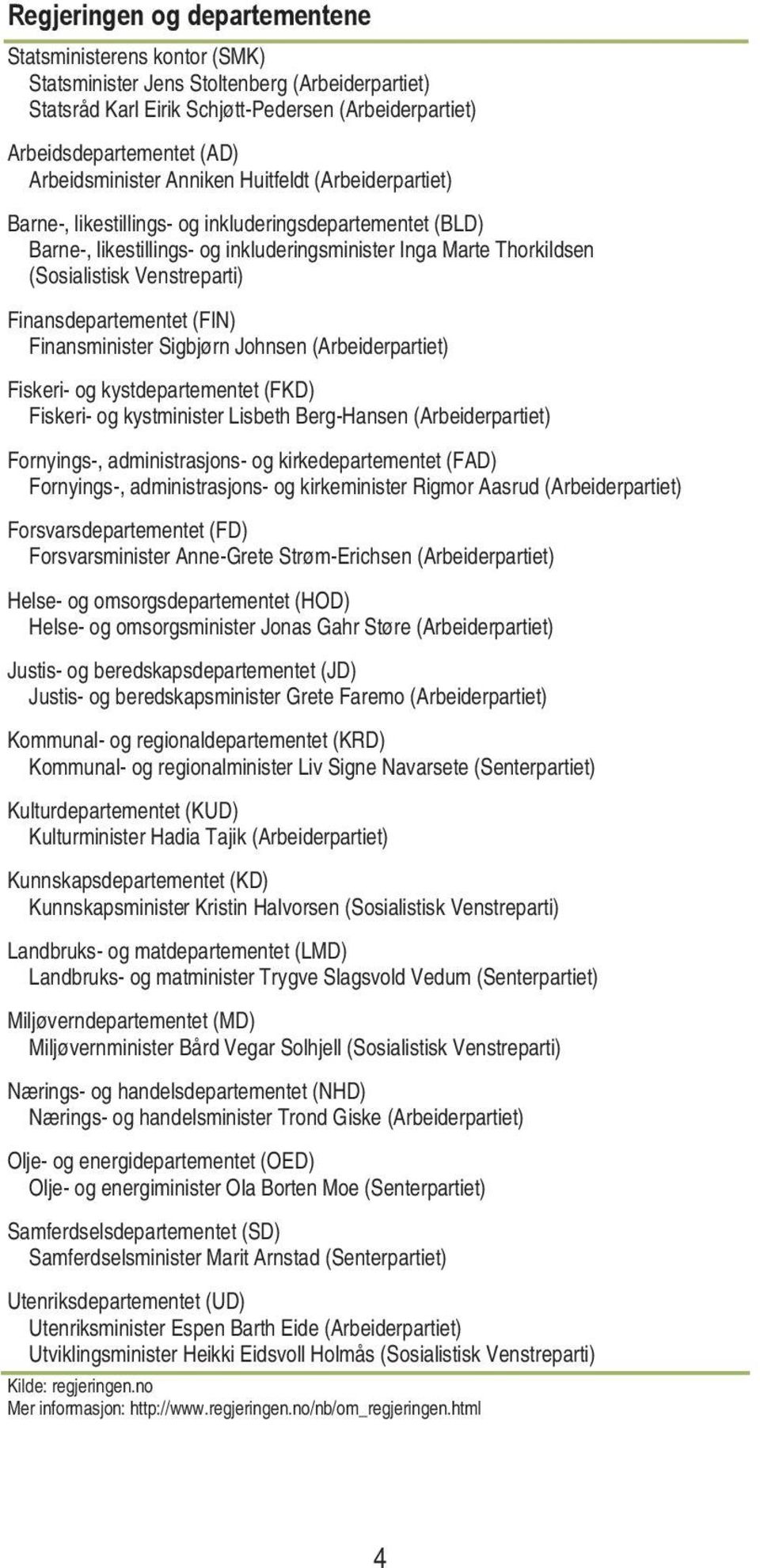 Venstreparti) Finansdepartementet (FIN) Finansminister Sigbjørn Johnsen (Arbeiderpartiet) Fiskeri- og kystdepartementet (FKD) Fiskeri- og kystminister Lisbeth Berg-Hansen (Arbeiderpartiet)