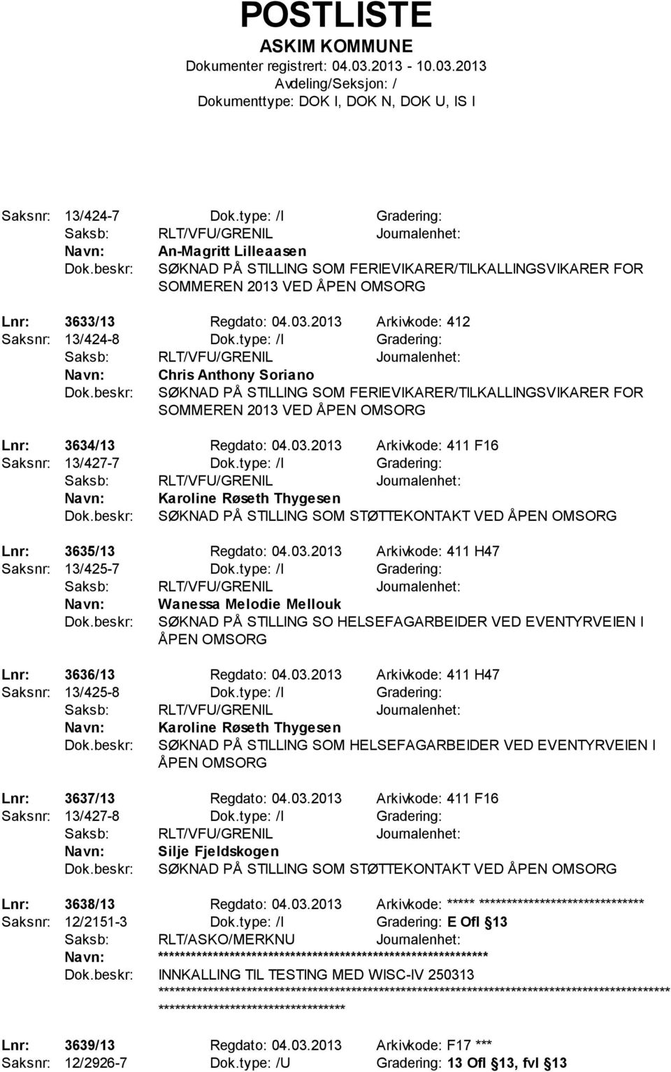 2013 Arkivkode: 411 F16 Saksnr: 13/427-7 Dok.type: /I Gradering: Karoline Røseth Thygesen SØKNAD PÅ STILLING SOM STØTTEKONTAKT VED ÅPEN OMSORG Lnr: 3635/13 Regdato: 04.03.