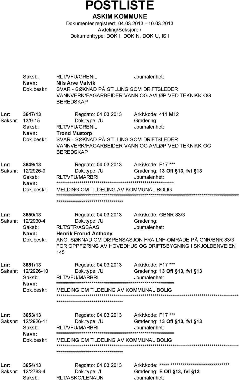 2013 Arkivkode: F17 *** Saksnr: 12/2926-9 Dok.