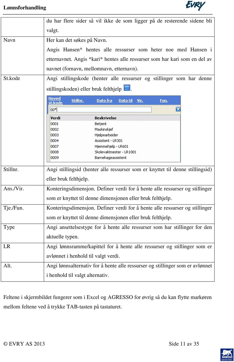 Angi stillingskode (henter alle ressurser og stillinger som har denne stillingskoden) eller bruk felthjelp. Stillnr. Ans./Vir. Tje./Fun. Type LR Alt.