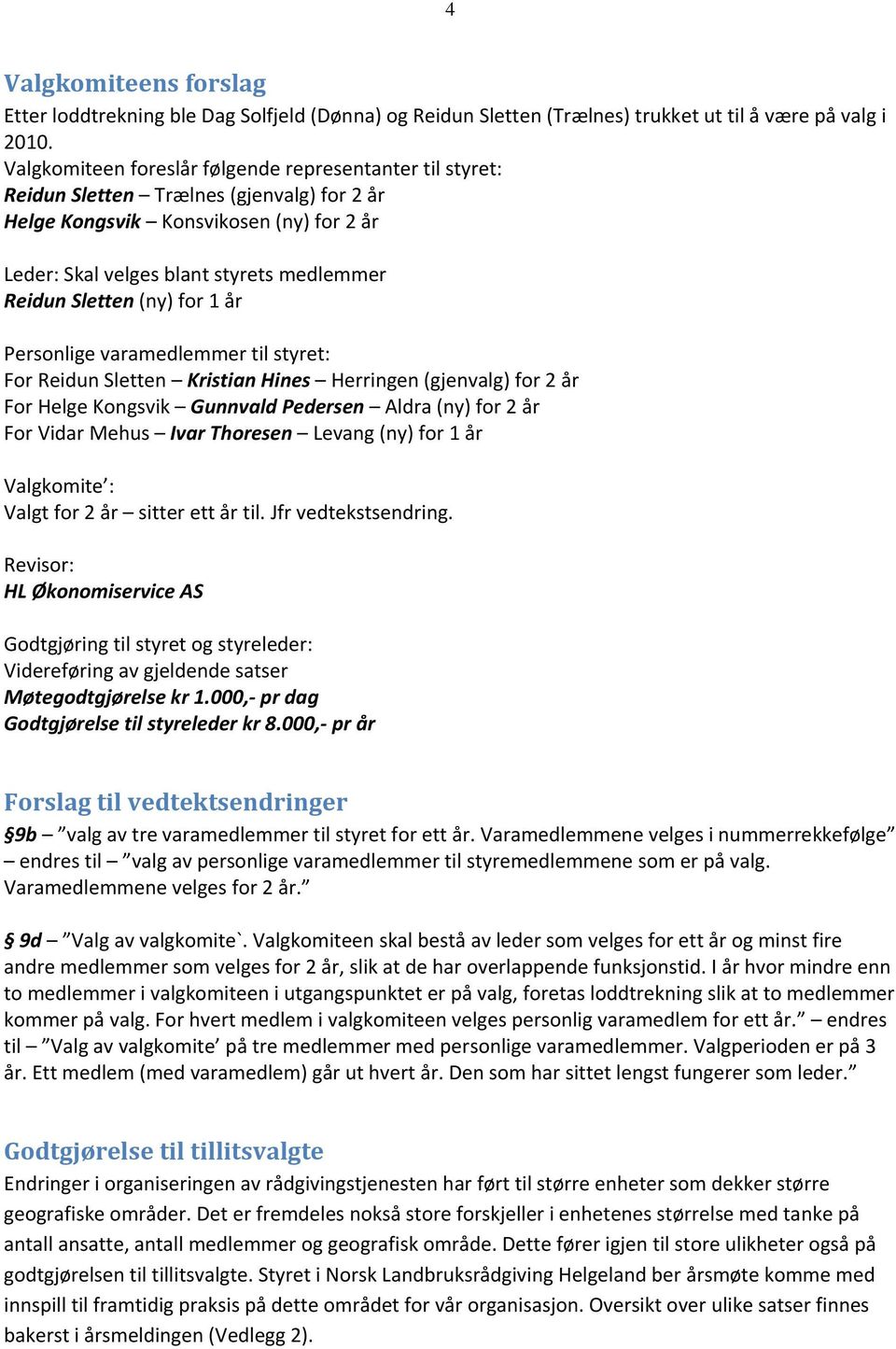 (ny) for 1 år Personlige varamedlemmer til styret: For Reidun Sletten Kristian Hines Herringen (gjenvalg) for 2 år For Helge Kongsvik Gunnvald Pedersen Aldra (ny) for 2 år For Vidar Mehus Ivar