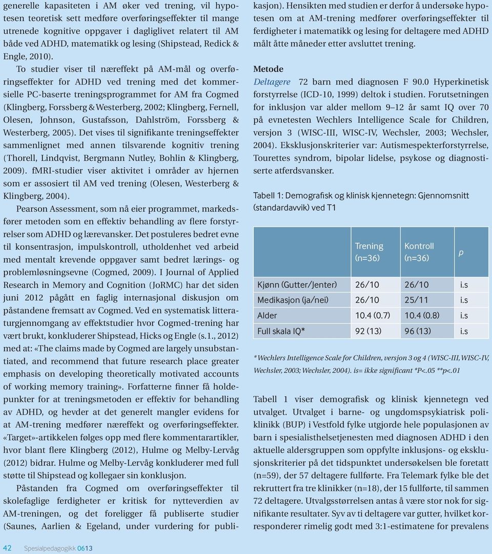 To studier viser til næreffekt på AM-mål og overføringseffekter for ADHD ved trening med det kommersielle PC-baserte treningsprogrammet for AM fra Cogmed (Klingberg, Forssberg & Westerberg, 2002;