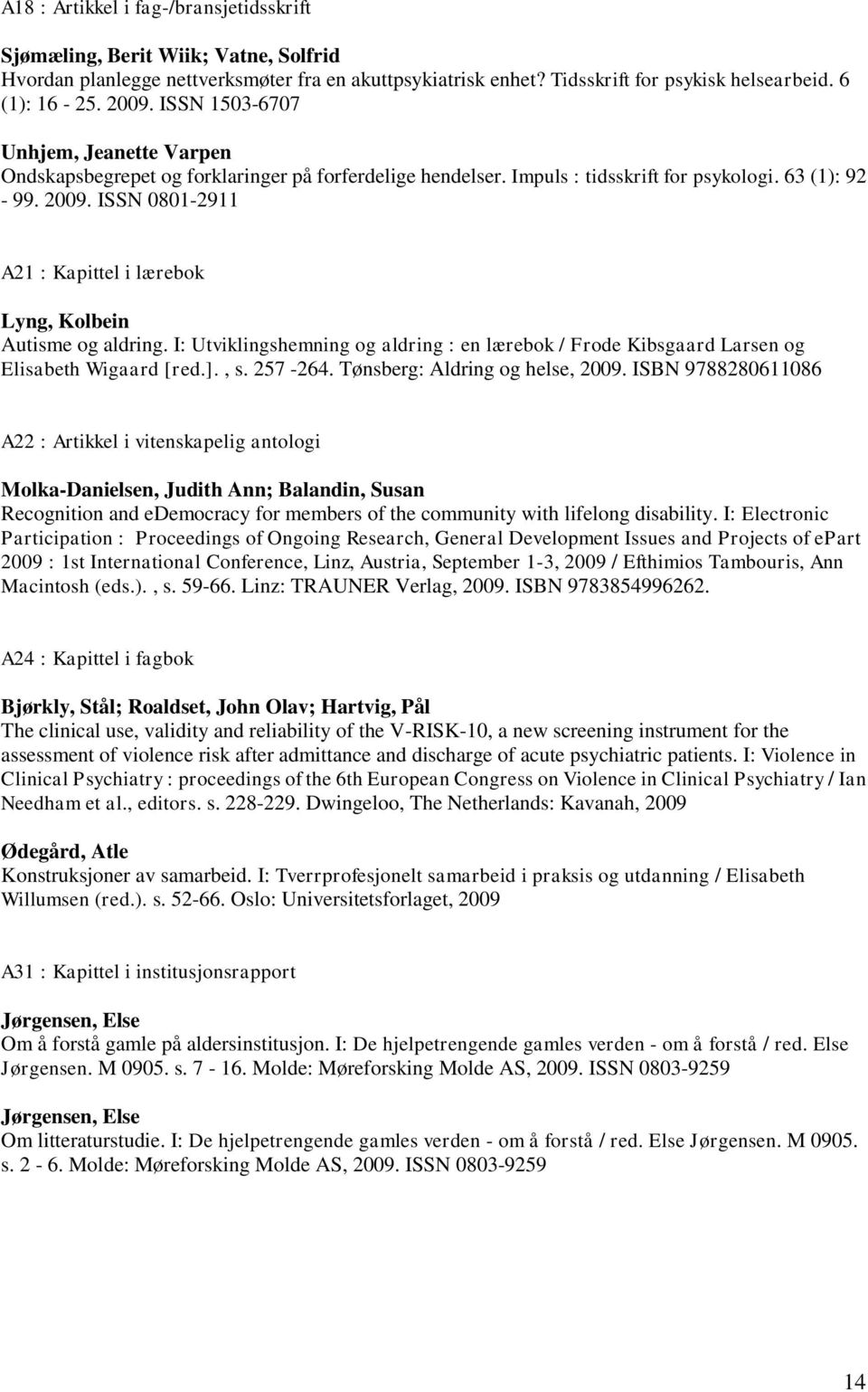 ISSN 0801-2911 A21 : Kapittel i lærebok Lyng, Kolbein Autisme og aldring. I: Utviklingshemning og aldring : en lærebok / Frode Kibsgaard Larsen og Elisabeth Wigaard [red.]., s. 257-264.