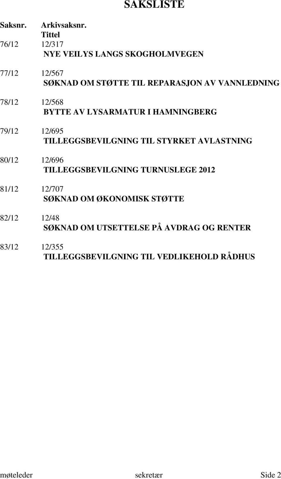 12/568 BYTTE AV LYSARMATUR I HAMNINGBERG 79/12 12/695 TILLEGGSBEVILGNING TIL STYRKET AVLASTNING 80/12 12/696