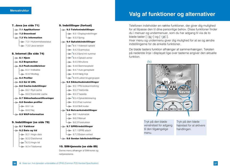 8 Gendan profiler 8.8.1 Ja 8.8.2 Nej 8.9 WAP-information 9. Indstillinger (se side 78) 9.1 Vækkeur 9.2 Dato og tid 9.2.1 Angiv dato 9.2.2 Datoformat * 9.2.3 Angiv tid 9.2.4 Tidsformat 9.