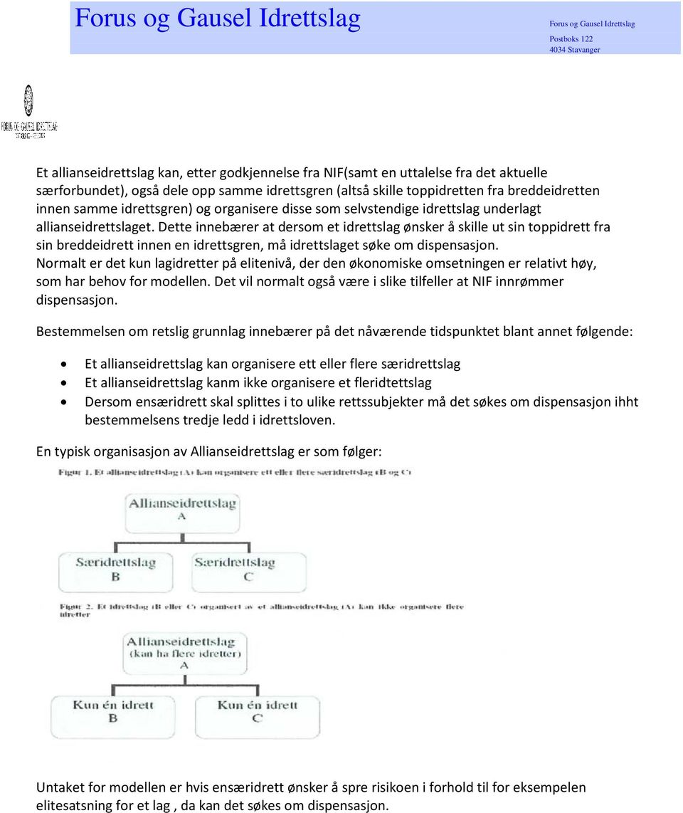 Dette innebærer at dersom et idrettslag ønsker å skille ut sin toppidrett fra sin breddeidrett innen en idrettsgren, må idrettslaget søke om dispensasjon.