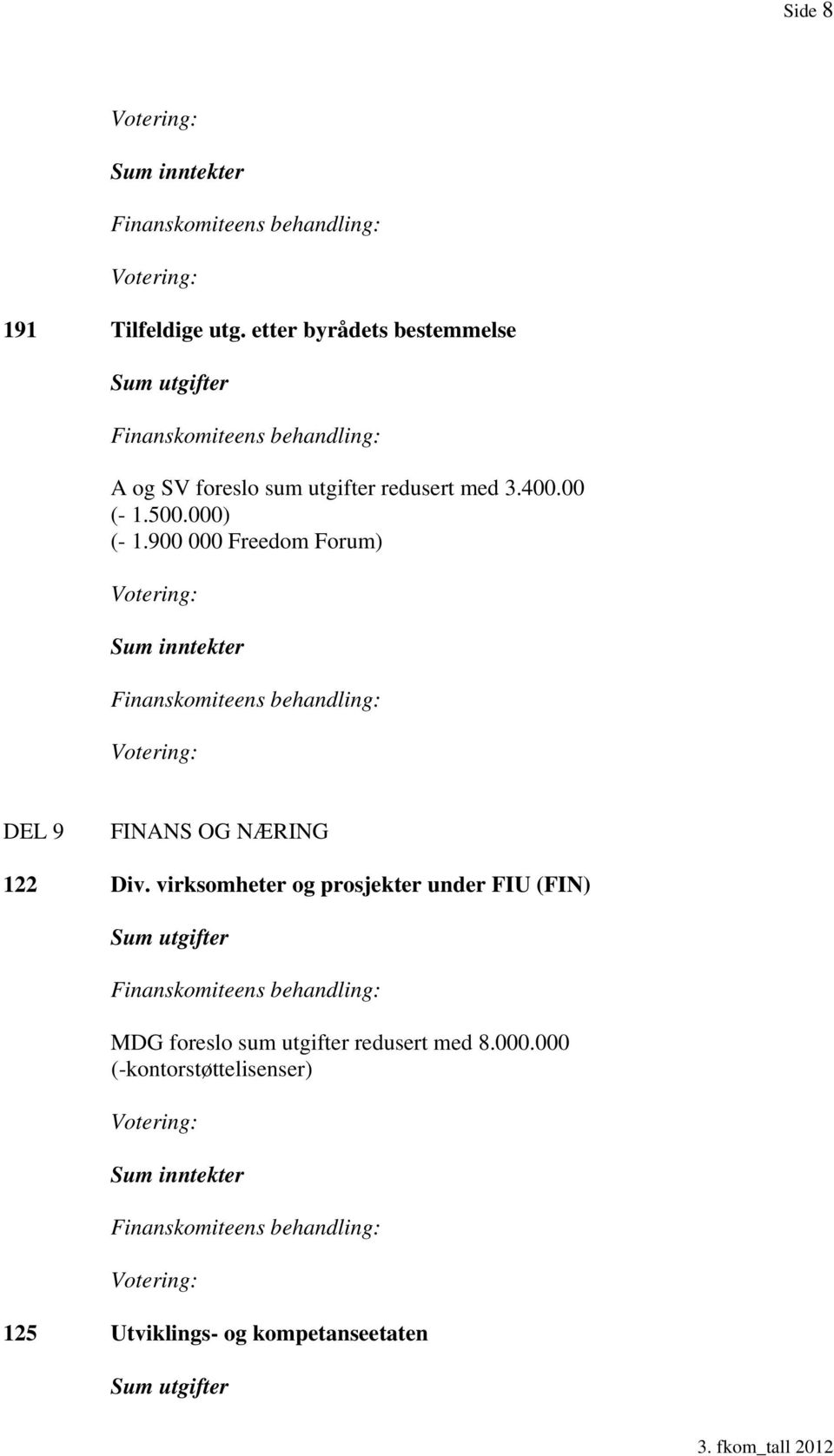 000) (- 1.900 000 Freedom Forum) Sum inntekter DEL 9 FINANS OG NÆRING 122 Div.