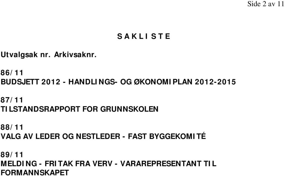 TILSTANDSRAPPORT FOR GRUNNSKOLEN 88/11 VALG AV LEDER OG NESTLEDER -