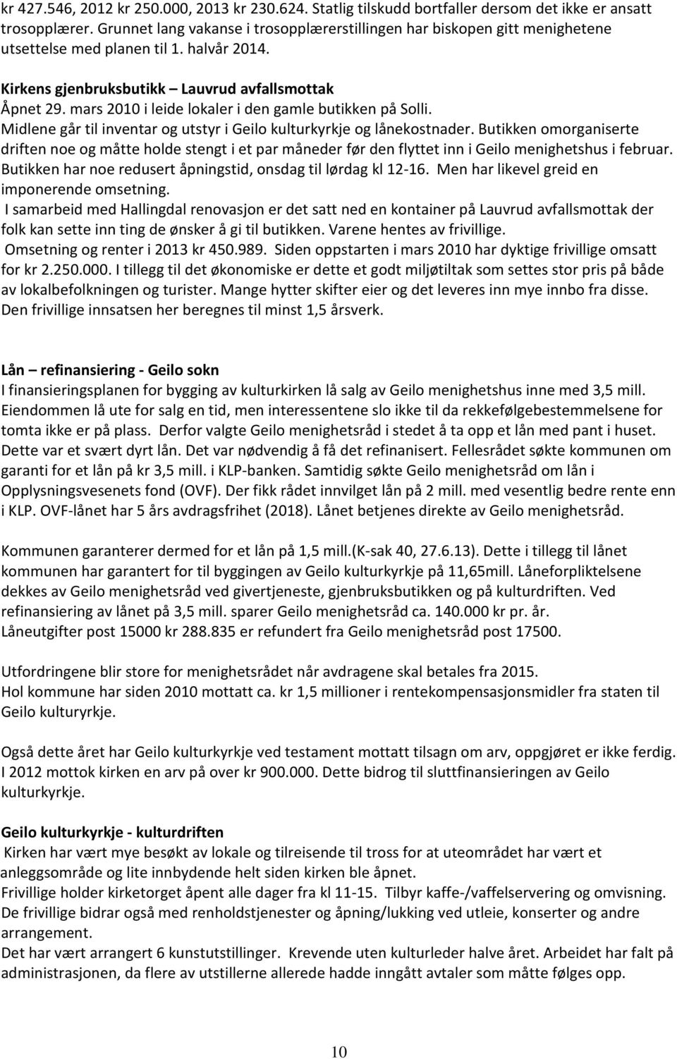 mars 2010 i leide lokaler i den gamle butikken på Solli. Midlene går til inventar og utstyr i Geilo kulturkyrkje og lånekostnader.