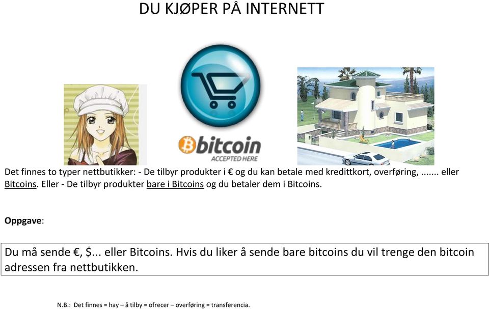 Eller - De tilbyr produkter bare i Bitcoins og du betaler dem i Bitcoins. Oppgave: Du må sende, $.