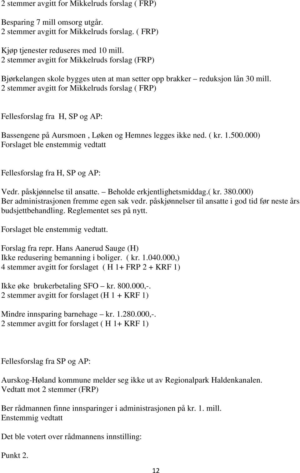 2 stemmer avgitt for Mikkelruds forslag ( FRP) Fellesforslag fra H, SP og AP: Bassengene på Aursmoen, Løken og Hemnes legges ikke ned. ( kr. 1.500.