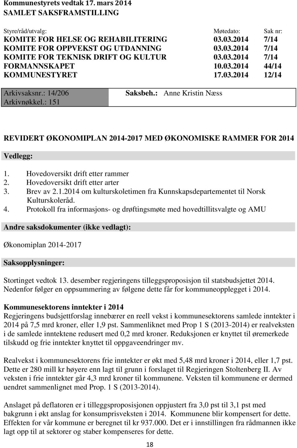 : Anne Kristin Næss REVIDERT ØKONOMIPLAN 2014-2017 MED ØKONOMISKE RAMMER FOR 2014 Vedlegg: 1. Hovedoversikt drift etter rammer 2. Hovedoversikt drift etter arter 3. Brev av 2.1.2014 om kulturskoletimen fra Kunnskapsdepartementet til Norsk Kulturskoleråd.