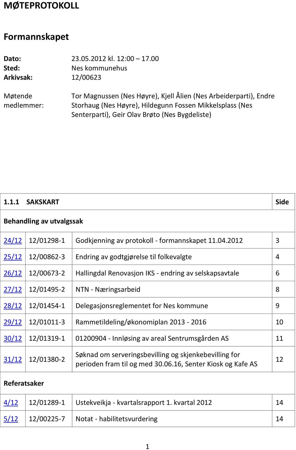 Geir Olav Brøto (Nes Bygdeliste) 1.1.1 SAKSKART Side Behandling av utvalgssak 24/12 12/01298-1 Godkjenning av protokoll - formannskapet 11.04.