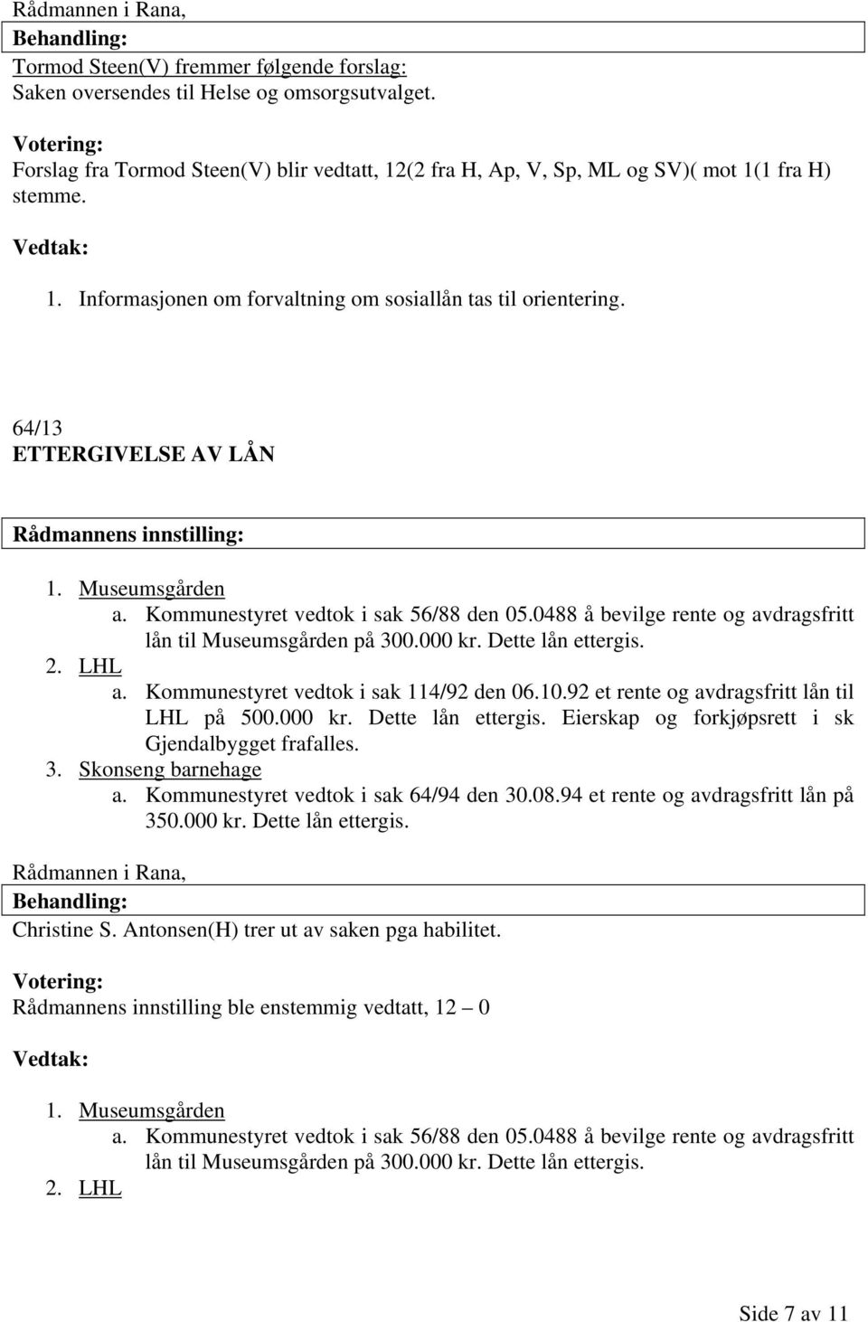 Museumsgården a. Kommunestyret vedtok i sak 56/88 den 05.0488 å bevilge rente og avdragsfritt lån til Museumsgården på 300.000 kr. Dette lån ettergis. 2. LHL a.