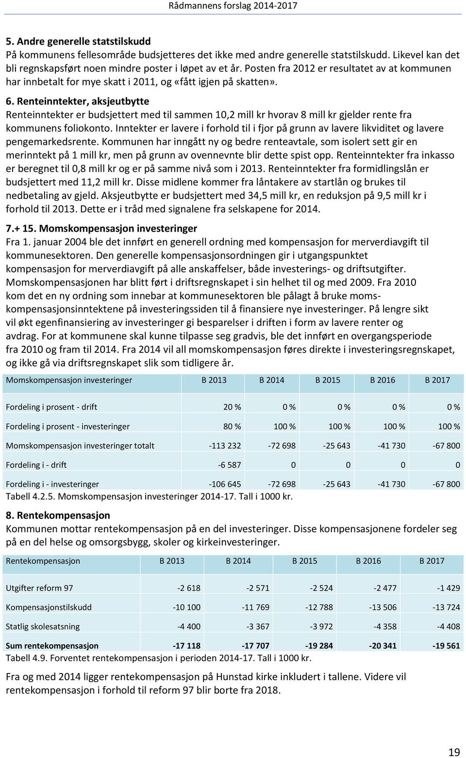 Renteinntekter, aksjeutbytte Renteinntekter er budsjettert med til sammen 10,2 mill kr hvorav 8 mill kr gjelder rente fra kommunens foliokonto.