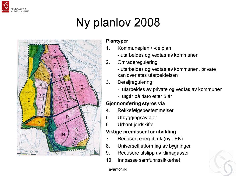 Detaljregulering - utarbeides av private og vedtas av kommunen - utgår på dato etter 5 år Gjennomføring styres via 4.