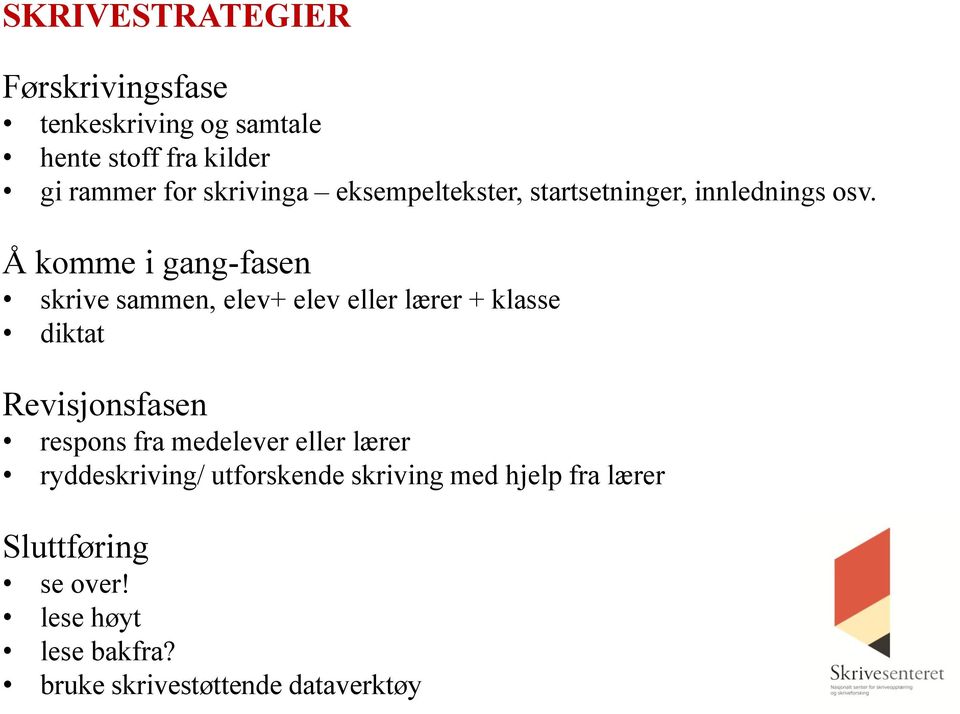 Å komme i gang-fasen skrive sammen, elev+ elev eller lærer + klasse diktat Revisjonsfasen respons fra