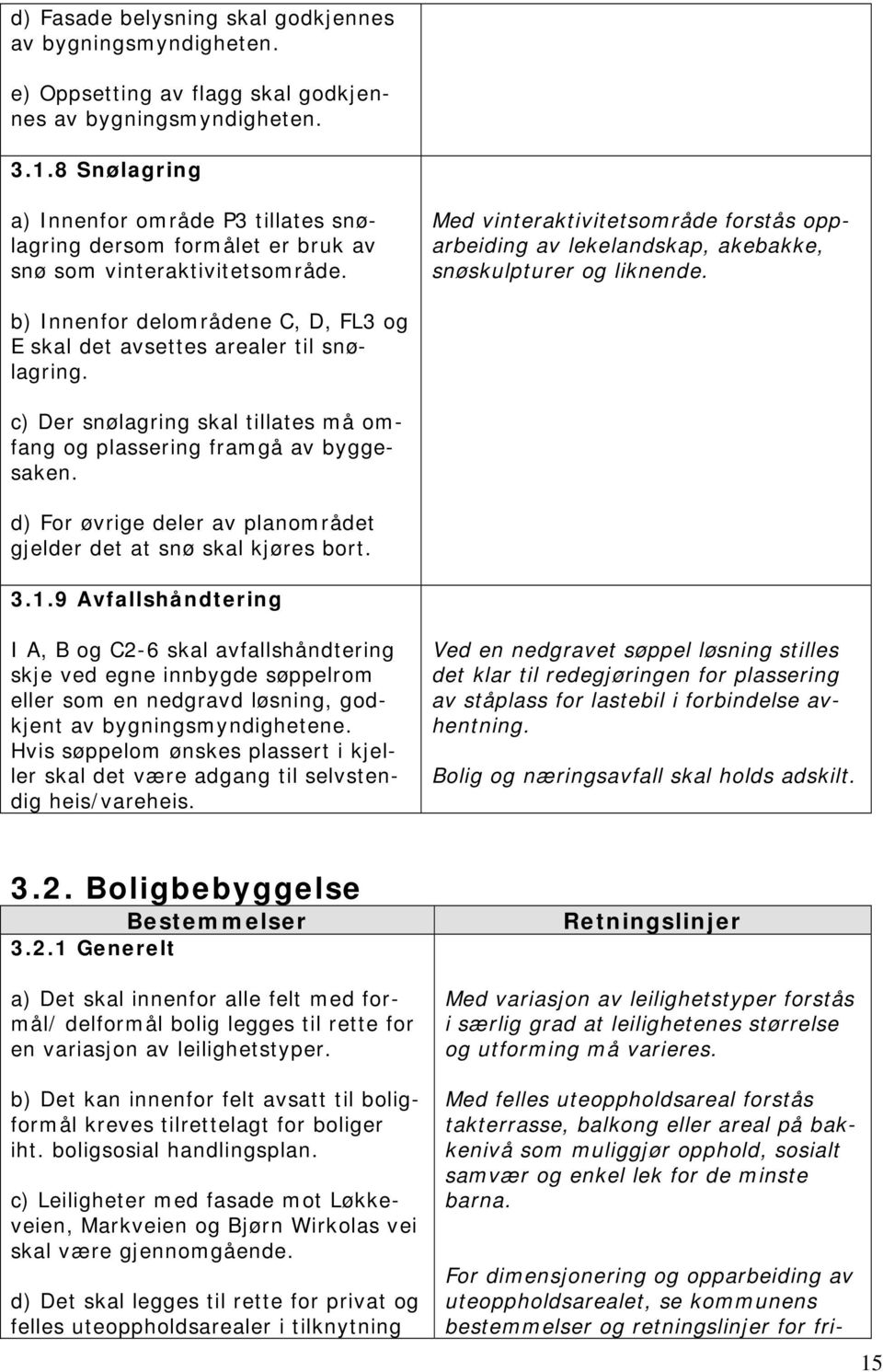 Med vinteraktivitetsområde forstås opparbeiding av lekelandskap, akebakke, snøskulpturer og liknende. b) Innenfor delområdene C, D, FL3 og E skal det avsettes arealer til snølagring.