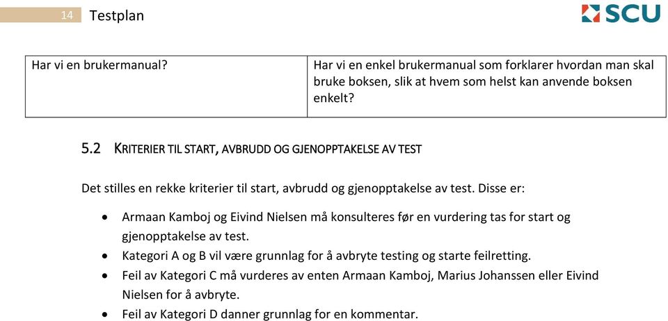 Disse er: Armaan Kamboj og Eivind Nielsen må konsulteres før en vurdering tas for start og gjenopptakelse av test.