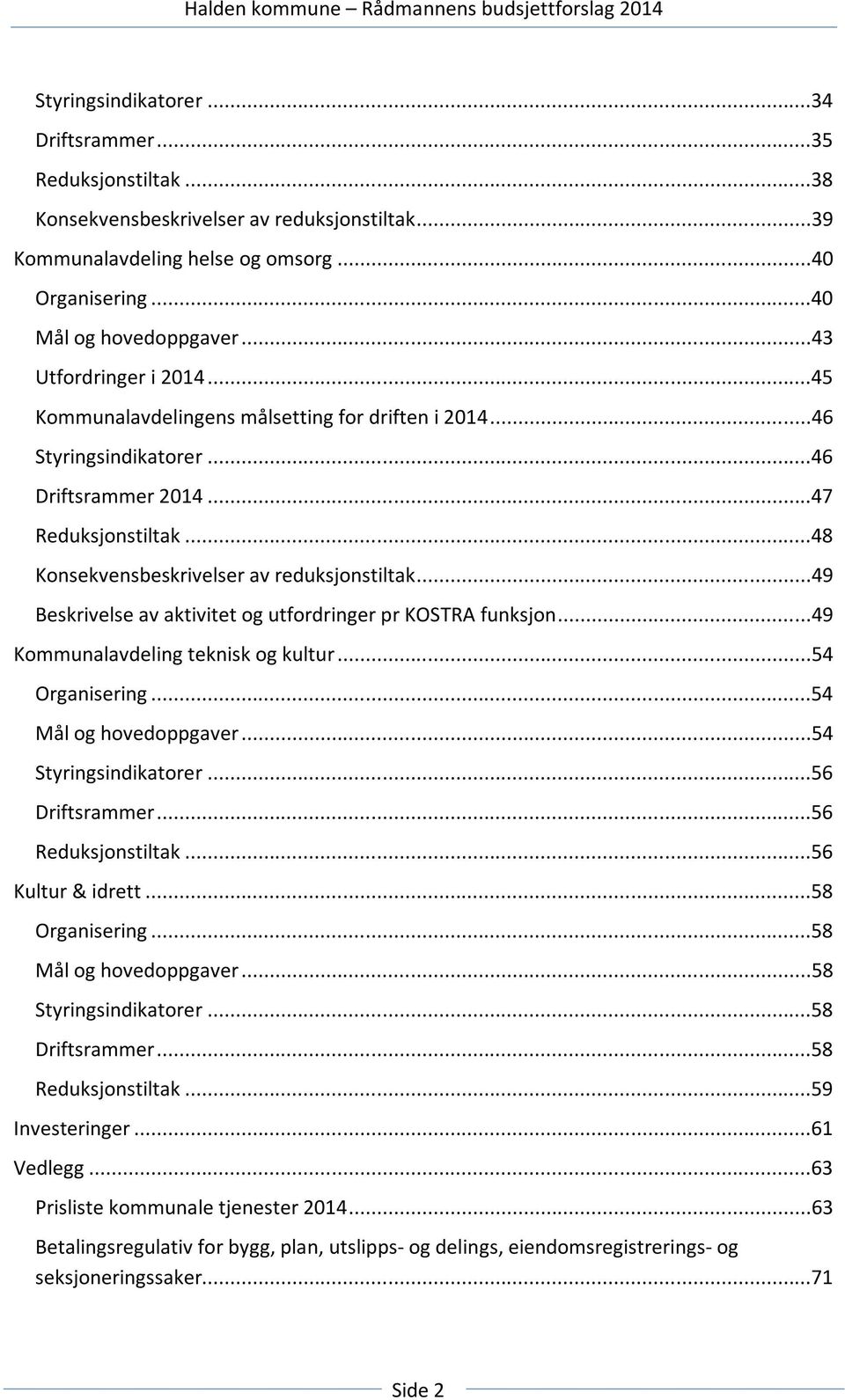 ..49 Beskrivelse av aktivitet og utfordringer pr KOSTRA funksjon...49 Kommunalavdeling teknisk og kultur...54 Organisering...54 Mål og hovedoppgaver...54 Styringsindikatorer...56 Driftsrammer.