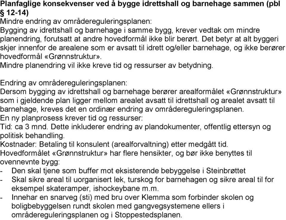 Det betyr at alt byggeri skjer innenfor de arealene som er avsatt til idrett og/eller barnehage, og ikke berører hovedformål «Grønnstruktur».