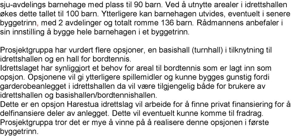 Prosjektgruppa har vurdert flere opsjoner, en basishall (turnhall) i tilknytning til idrettshallen og en hall for bordtennis.