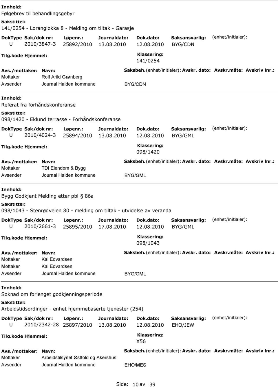 måte: Avskriv lnr.: Mottaker TDI iendom & Bygg Bygg Godkjent Melding etter pbl 86a 098/1043 - Stenrødveien 80 - melding om tiltak - utvidelse av veranda 2010/2661-3 25895/2010 098/1043 Avs.