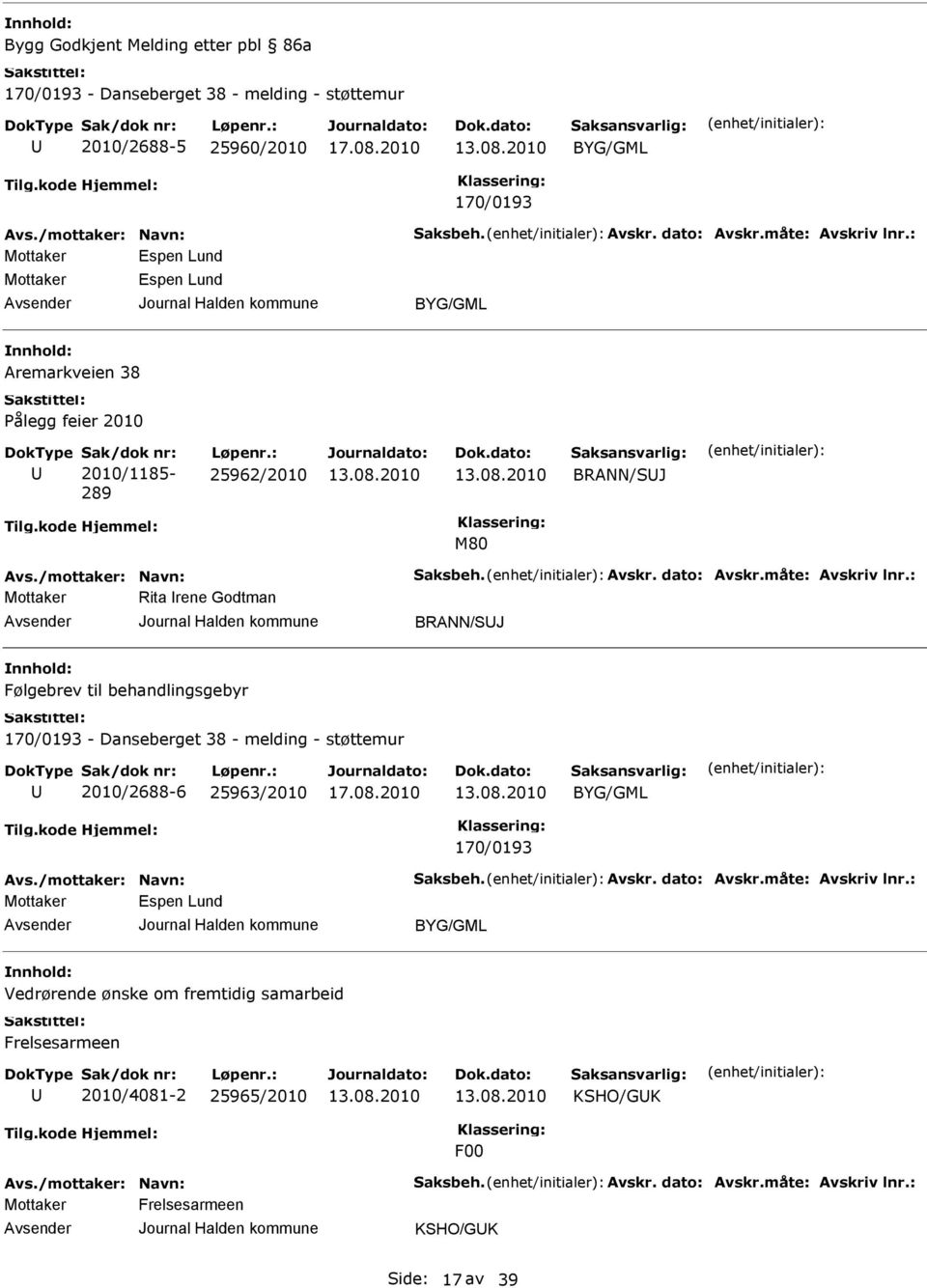 : Mottaker Rita Irene Godtman BRANN/SJ Følgebrev til behandlingsgebyr 170/0193 - Danseberget 38 - melding - støttemur 2010/2688-6 25963/2010 170/0193 Avs./mottaker: Navn: Saksbeh. Avskr. dato: Avskr.