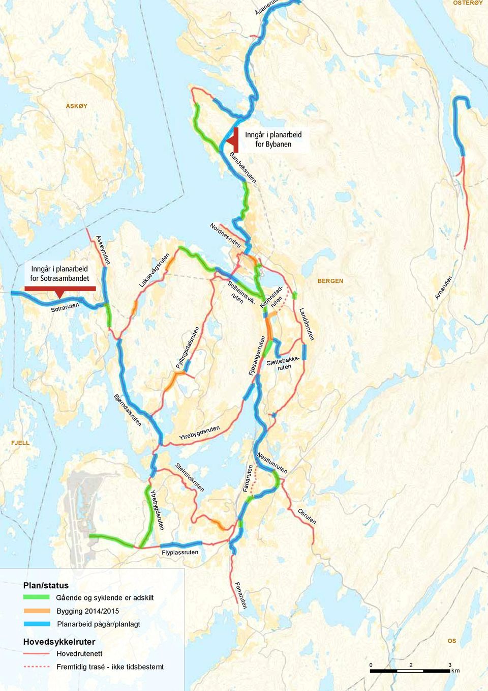 Bjørndalsruten FJELL Ytrebygdsruten Nesttunruten Steinsvikruten Fanaruten Ytrebygdsruten Osruten Flyplassruten Plan/status Gående og syklende er adskilt