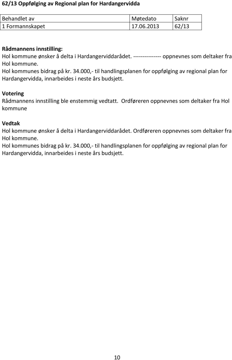 000,- til handlingsplanen for oppfølging av regional plan for Hardangervidda, innarbeides i neste års budsjett. Rådmannens innstilling ble enstemmig vedtatt.