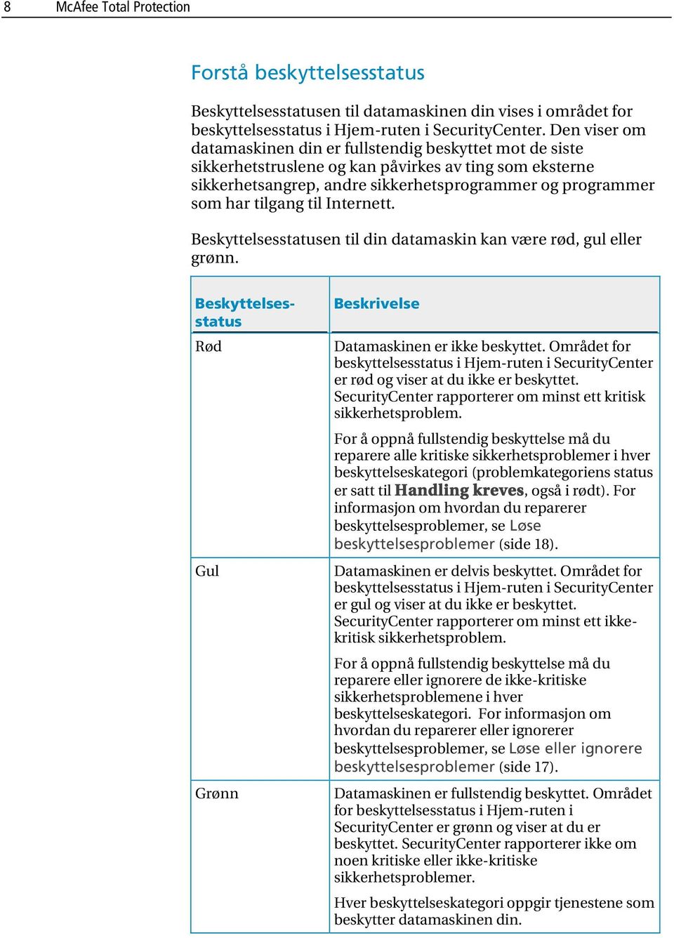 til Internett. Beskyttelsesstatusen til din datamaskin kan være rød, gul eller grønn. Beskyttelsesstatus Rød Gul Grønn Beskrivelse Datamaskinen er ikke beskyttet.