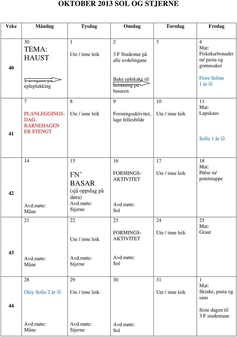 BARNEHAGEN ER STENGT 8 9 Formingsaktivitet, lage fellesbilde 10 11 Lapskaus Sofie 1 år 42 14 15 FN BASAR (sjå oppslag på døra) Stjerne 16 FORMINGS-