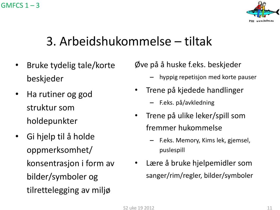 oppmerksomhet/ konsentrasjon i form av bilder/symboler og tilrettelegging av miljø Øve på å huske f.eks.