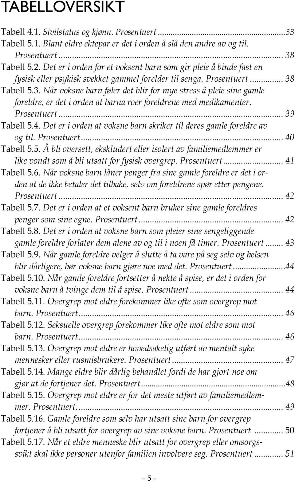 Tabell 5.3. Når voksne barn føler det blir for mye stress å pleie sine gamle foreldre, er det i orden at barna roer foreldrene med medikamenter. Prosentuert... 39 Tabell 5.4.