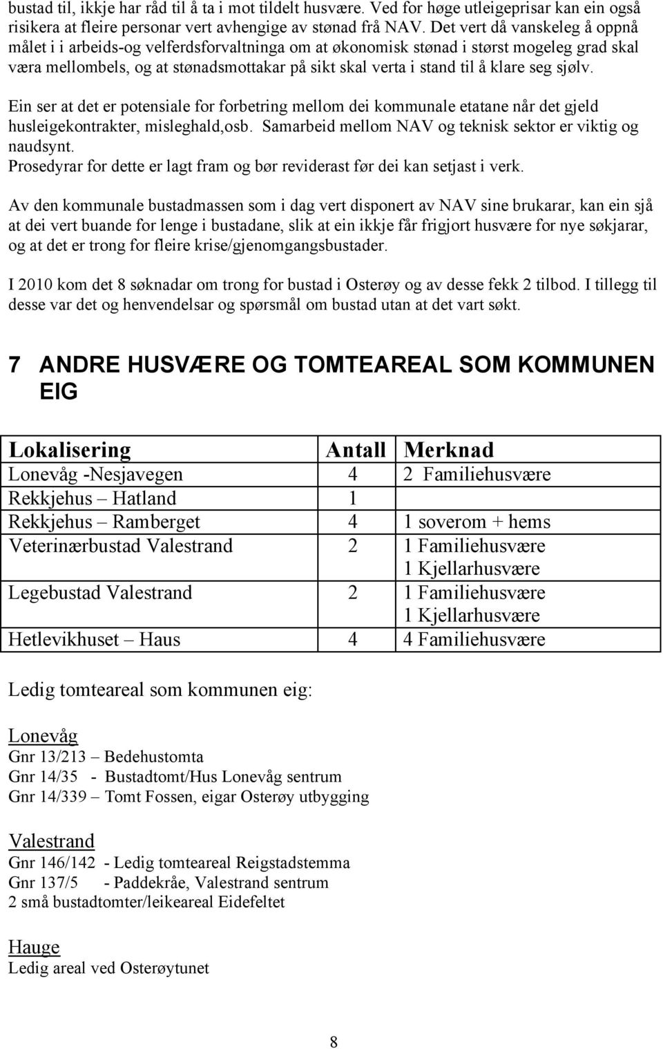 seg sjølv. Ein ser at det er potensiale for forbetring mellom dei kommunale etatane når det gjeld husleigekontrakter, misleghald,osb. Samarbeid mellom NAV og teknisk sektor er viktig og naudsynt.