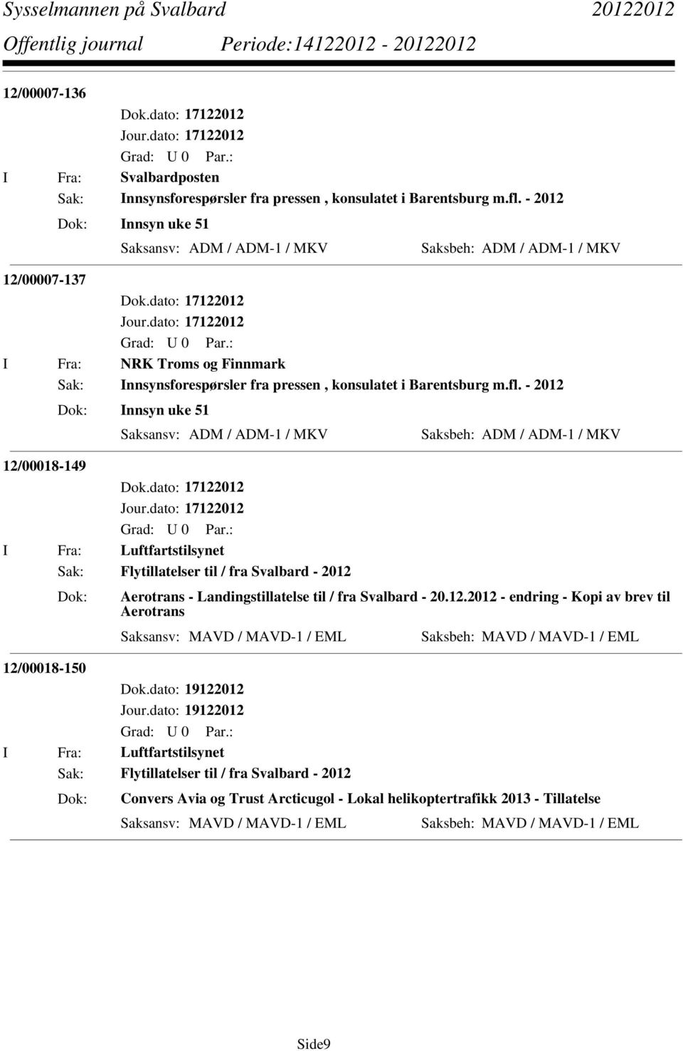 dato: 17122012 I Fra: NRK Troms og Finnmark Sak: Innsynsforespørsler fra pressen, konsulatet i Barentsburg m.fl.