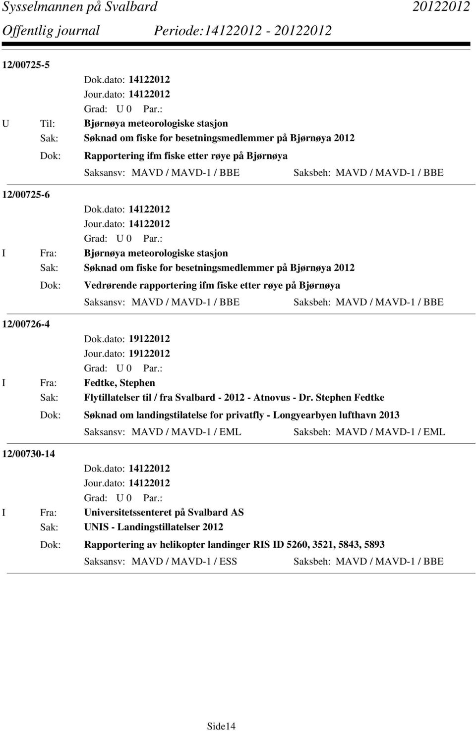 MAVD / MAVD-1 / BBE Saksbeh: MAVD / MAVD-1 / BBE 12/00726-4 Jour.dato: 19122012 I Fra: Fedtke, Stephen Sak: Flytillatelser til / fra Svalbard - 2012 - Atnovus - Dr.